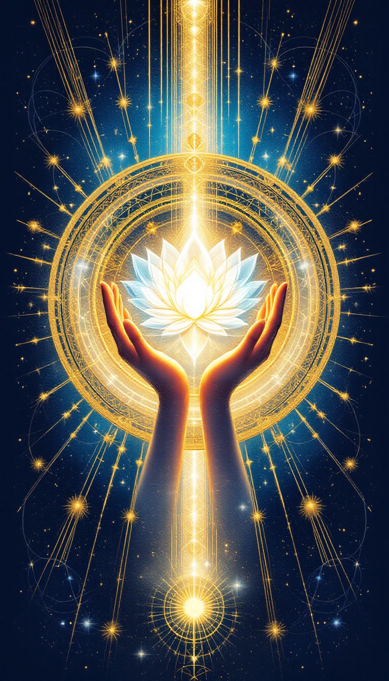 Lotus surrounded in light from praying hands