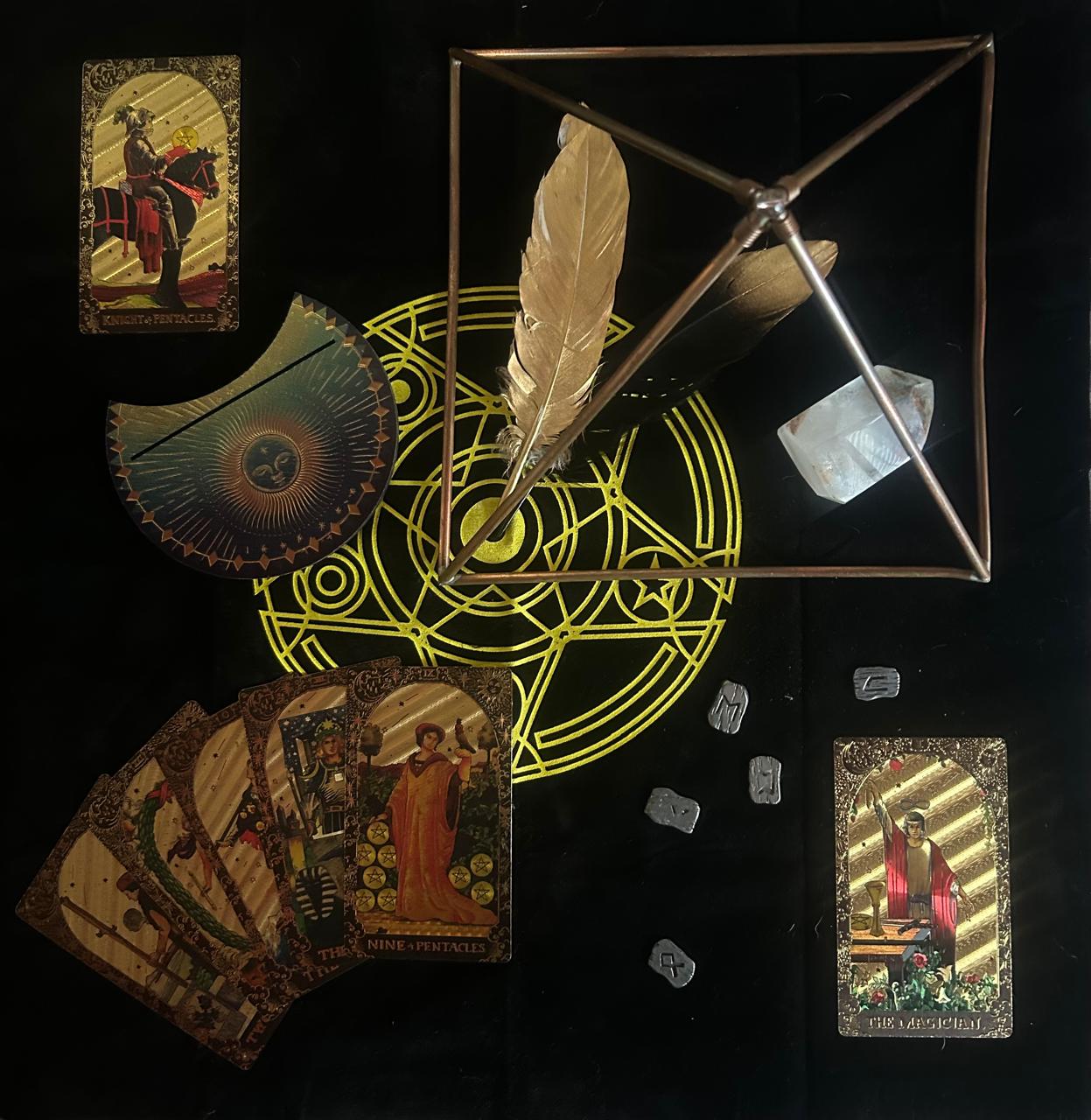Tarot Cards, Copper Pyramid, crystals & feathers